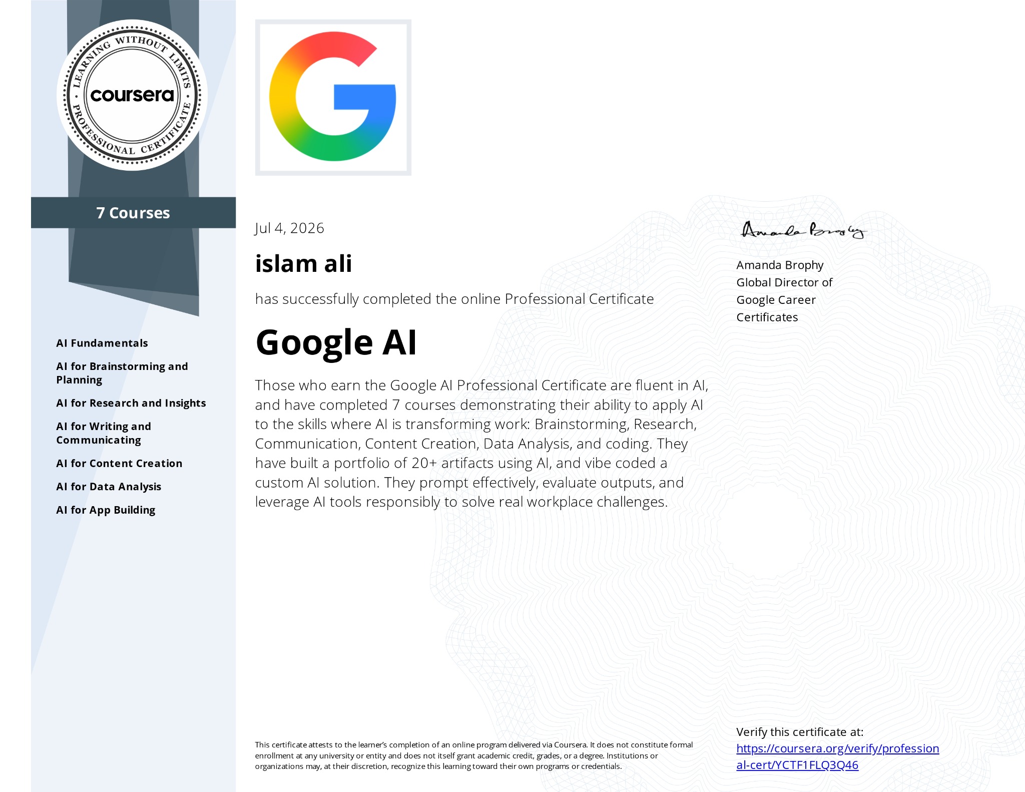 الشهادة المهنية في Google AI